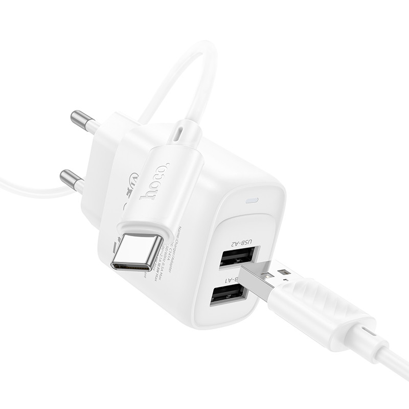 Мережевий зарядний пристрій з кабелем HOCO C141A Smart dual-port charger set(Type-C) White (6942007627917) Мережевий зарядний пристрій з кабелем HOCO C141A Smart dual-port charger set(Type-C) White (6942007627917)