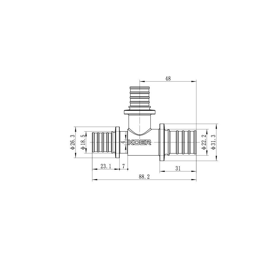 Трійник перехідний Koer KA.T25-20-20 - 25(3.5mm) x 20(2.8mm) x 20(2.8mm) (KR4891)