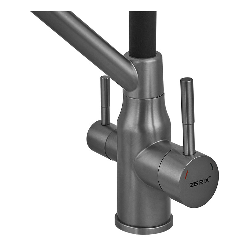 Змішувач для кухні ZERIX MAG-021 GRAPHITE REFL.BLACK з силіконовим виливом, з нерж.сталі SUS304 з виходом для питної води (колір графіт, вилив чорний) (ZX6005)