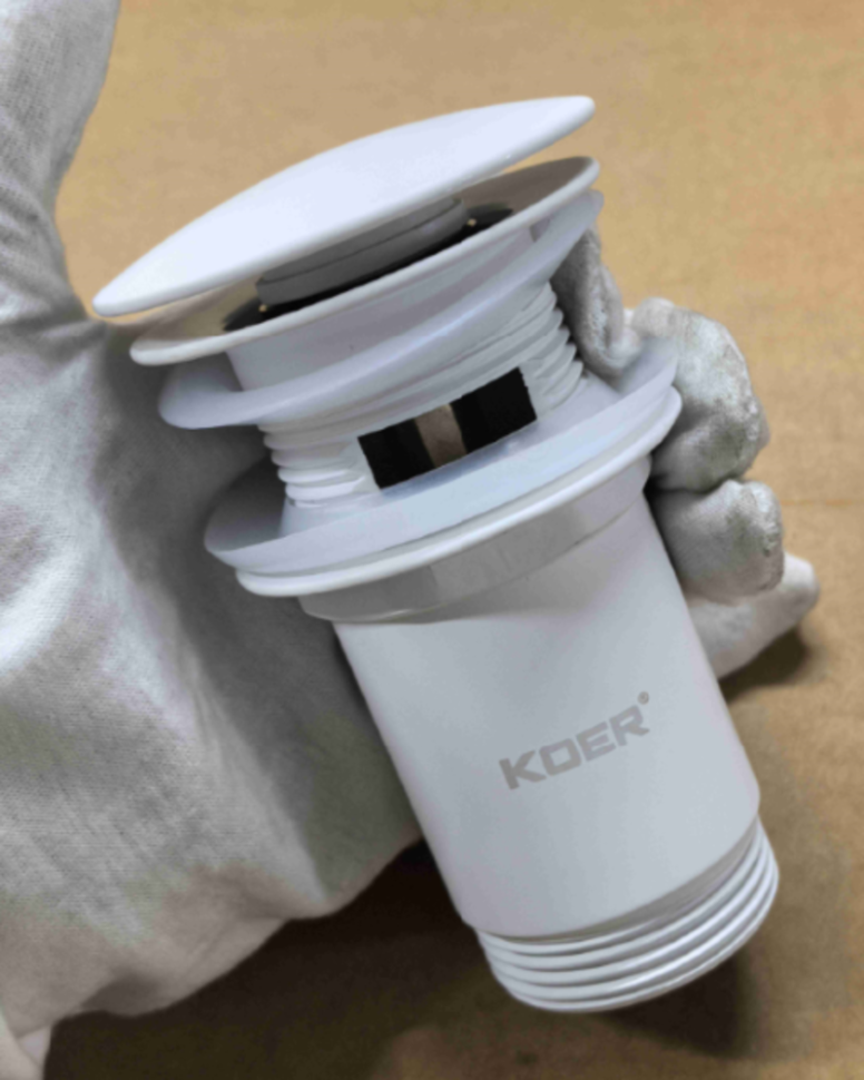 Донний клапан для раковини з переливом KOER PW-07-03 автоматичний (Click-Clack) (Колір білий) 1 1/4'' (KR5783)